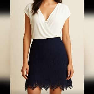 Isaac Mizrahi Navy Blue Lace Lined Skort Skirt Scalloped Fring Hem L